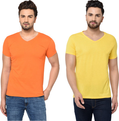Jangoboy Solid Men V Neck Orange, Yellow T-Shirt
