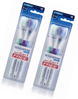 SENSODYNE Sensitive Toothbrush with Soft Bristles - 3 Pieces Each Pack (Set of 2 Packs = 6 Toothbrush) Soft Toothbrush(Pack of 6)