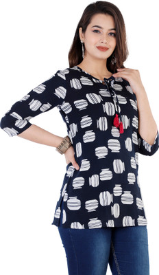 siddhanam Casual Regular Sleeve Printed Women Blue Top