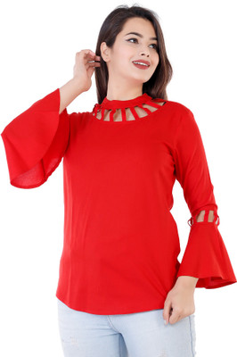 Fab Star Casual Bell Sleeve Laser Cut Women Red Top