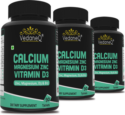 VedaneQ Calcium Magnesium Zinc, D3, B12 for Bones Teeth Muscle Immune Support 270 tablets(3 x 90 No)