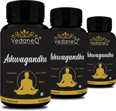 VedaneQ Organic Ashwagandha Powder Extract Capsules Supplements 270 Veg Capsules(3 x 90 No)