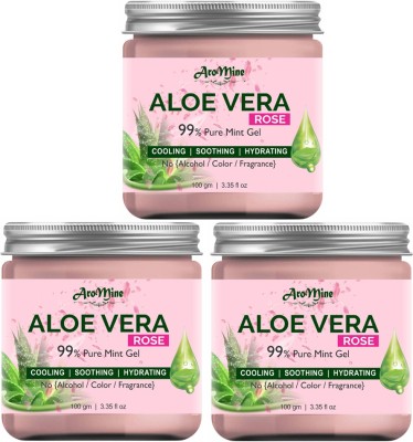AroMine Natural Rose Aloe Vera Gel Green Soothing, Cooling, Moisturizing, Vegan , It Absorbs Rapidly With No Sticky Residue -100GM-Packof-3-Jar-Combo-(300 g)