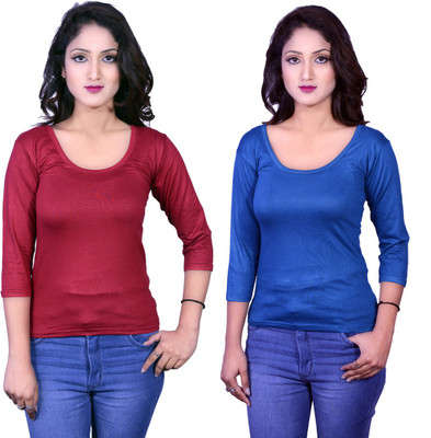 Kanchan World Solid Women Round Neck Multicolor T-Shirt