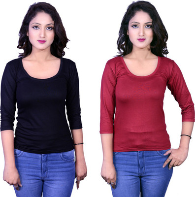 Kanchan World Solid Women Round Neck Multicolor T-Shirt