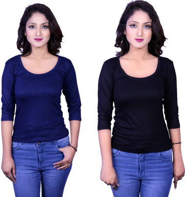 Kanchan World Solid Women Round Neck Multicolor T-Shirt