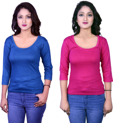 Kanchan World Solid Women Round Neck Multicolor T-Shirt