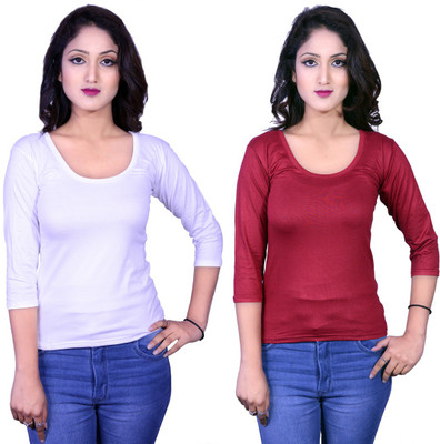 Kanchan World Solid Women Round Neck Multicolor T-Shirt
