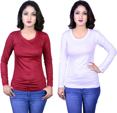 Kanchan World Solid Women Round Neck Multicolor T-Shirt