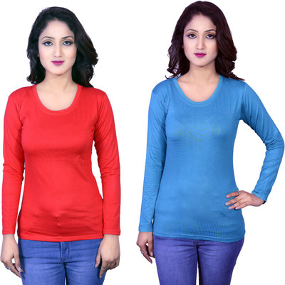 Kanchan World Solid Women Round Neck Multicolor T-Shirt