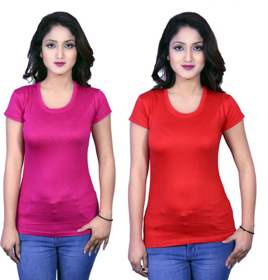 Deep Collection Solid Women Round Neck Multicolor T-Shirt