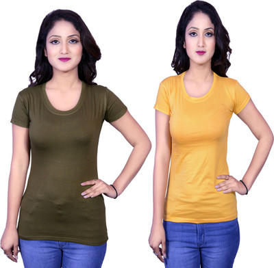Kanchan World Solid Women Round Neck Multicolor T-Shirt