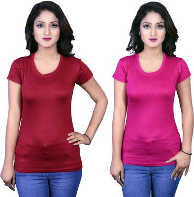 Deep Collection Solid Women Round Neck Multicolor T-Shirt