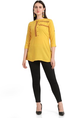 kvsfab Casual 3/4 Sleeve Embroidered Women Yellow Top