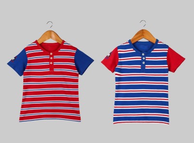 M & J Boys Striped Cotton Blend T Shirt(Red, Pack of 2)