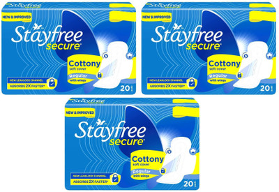 STAYFREE Secure Regular Cottony Soft Cover Sanitary Pads For Women With Wings,( 20+20+20 Pads) Sanitary Pad(Pack of 3)