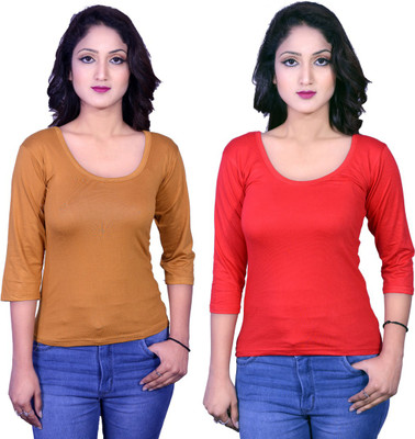 Kanchan World Solid Women Round Neck Multicolor T-Shirt