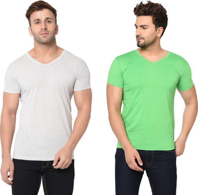 Moordale Solid Men V Neck Grey, Light Green T-Shirt