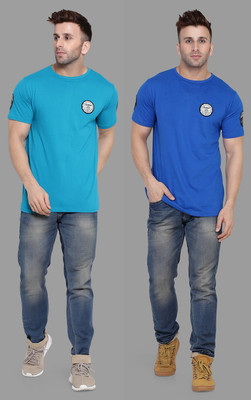 BEYOU FASHION Solid Men Round Neck Blue, Light Green T-Shirt