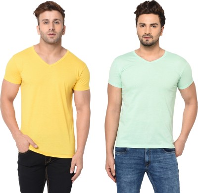 Moordale Solid Men V Neck Yellow, Light Green T-Shirt