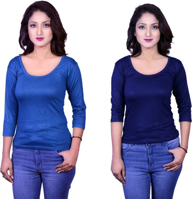 Kanchan World Solid Women Round Neck Multicolor T-Shirt