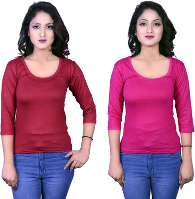 Kanchan World Solid Women Round Neck Multicolor T-Shirt