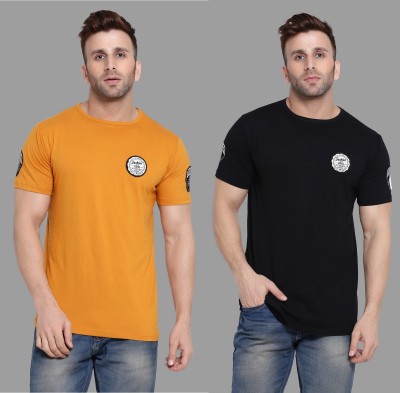 Trendfull Solid Men Round Neck Gold, Black T-Shirt