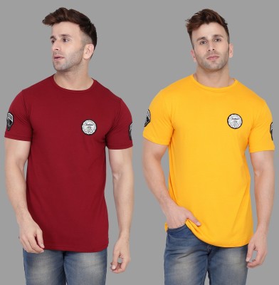 BEYOU FASHION Solid Men Round Neck Maroon, Yellow T-Shirt