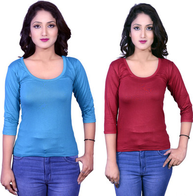 Kanchan World Solid Women Round Neck Multicolor T-Shirt