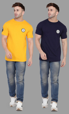 Trendfull Solid Men Round Neck Dark Blue, Yellow T-Shirt