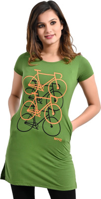 plush Printed Women Round Neck Dark Green T-Shirt