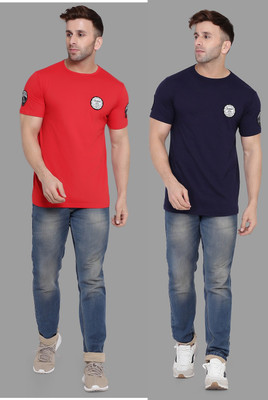 Trendfull Solid Men Round Neck Dark Blue, Red T-Shirt