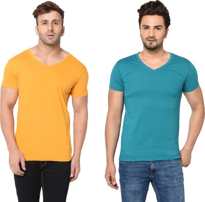 Adorbs Solid Men V Neck Yellow T-Shirt