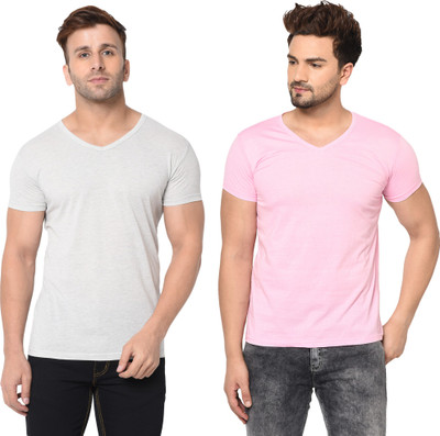 Moordale Solid Men V Neck Pink, Grey T-Shirt