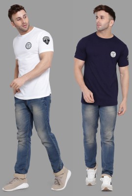 Trendfull Solid Men Round Neck Dark Blue, White T-Shirt