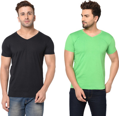 Moordale Solid Men V Neck Black, Light Green T-Shirt