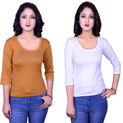 Kanchan World Solid Women Round Neck Multicolor T-Shirt