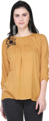 KARTX Casual 3/4 Sleeve Embroidered Women Yellow Top