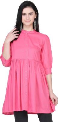 SAAKAA Casual 3/4 Sleeve Solid Women Pink Top