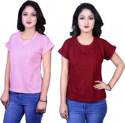 Kanchan World Solid Women Round Neck Multicolor T-Shirt