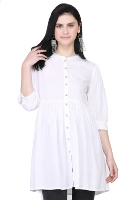 SAAKAA Casual 3/4 Sleeve Solid Women White Top