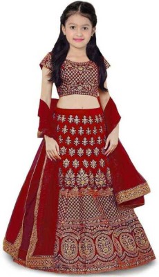 Aastha fashion Girls Lehenga Choli Ethnic Wear Embroidered Lehenga, Choli and Dupatta Set(Red, Pack of 1)