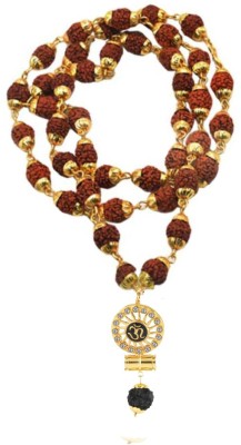 Green Spiritual Lord Shiv Damru With Sun Om Pendant With Puchmukhi Rudraksha Mala (8MM 36 Beads) Gold-plated Plated Wood Chain