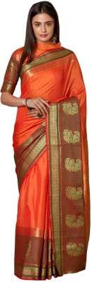 Aksharam Woven Banarasi Silk Blend Saree(Orange)