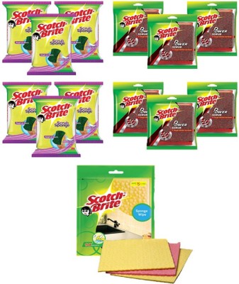 Scotch-Brite Combo of (Sponge Wipe Pack of 3 + Scrub Sponge Pack of 6 + Power Scrub Pack of 6 Pc) Scrub Pad, Scrub Sponge, Sponge Wipe(Regular, Pack of 15)