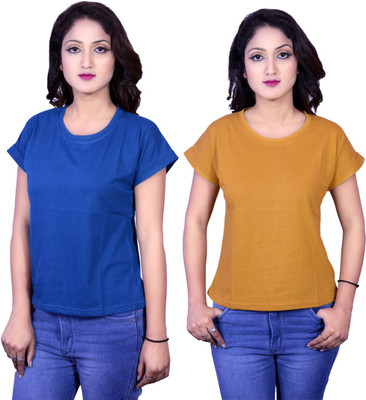 Kanchan World Solid Women Round Neck Multicolor T-Shirt