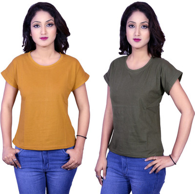Kanchan World Solid Women Round Neck Multicolor T-Shirt