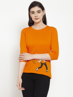 FRISKERS Printed Women Round Neck Orange T-Shirt