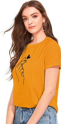 WSRF FAB Casual Short Sleeve Printed Women Yellow Top