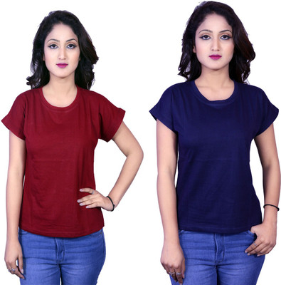 Kanchan World Solid Women Round Neck Multicolor T-Shirt